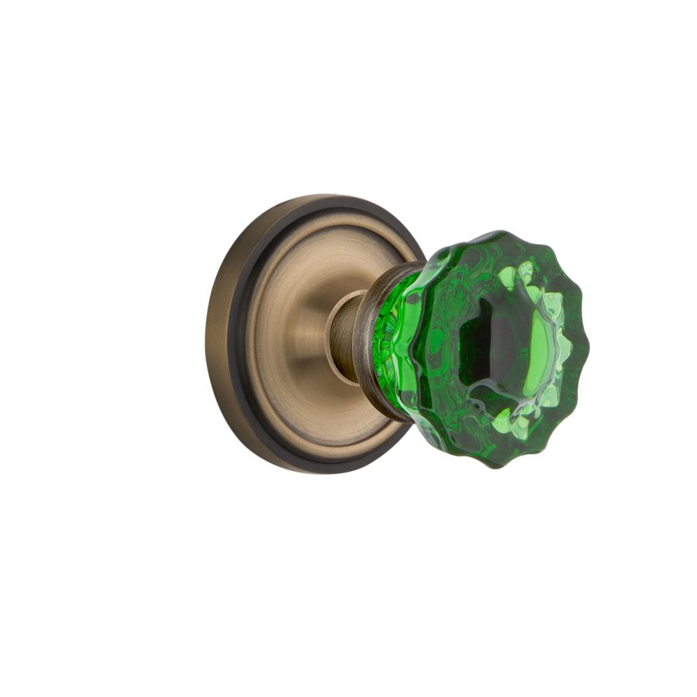 Nostalgic Warehouse CLACRE Colored Crystal Classic Rosette Passage Crystal Emerald Glass Door Knob in Antique Brass